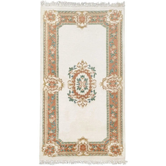 Aubusson hand-knotted wool rug 180 x 92 cm full view floral medallion design