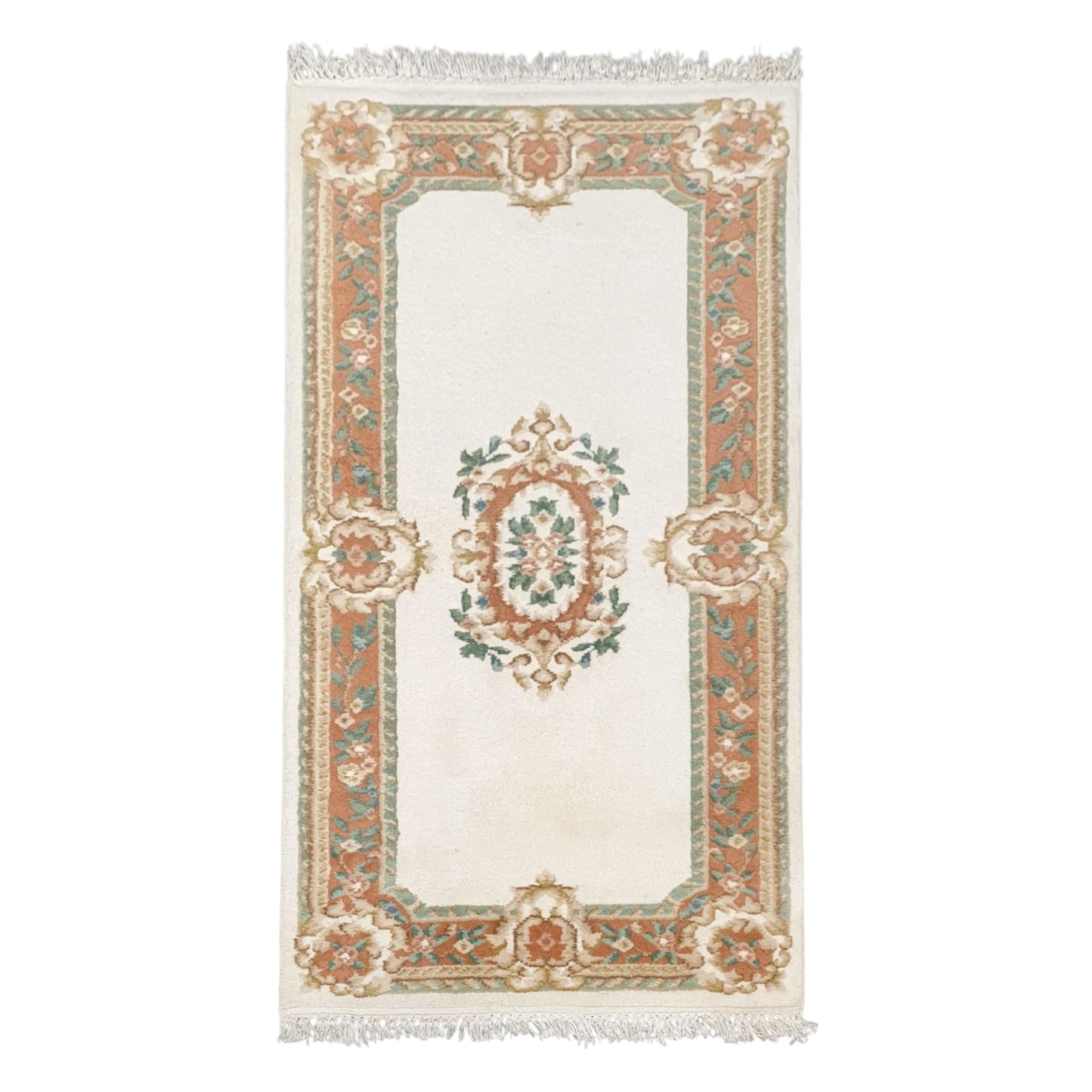Aubusson hand-knotted wool rug 180 x 92 cm full view floral medallion design