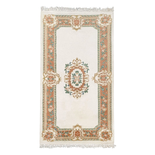 Aubusson hand-knotted wool rug 180 x 92 cm full view floral medallion design