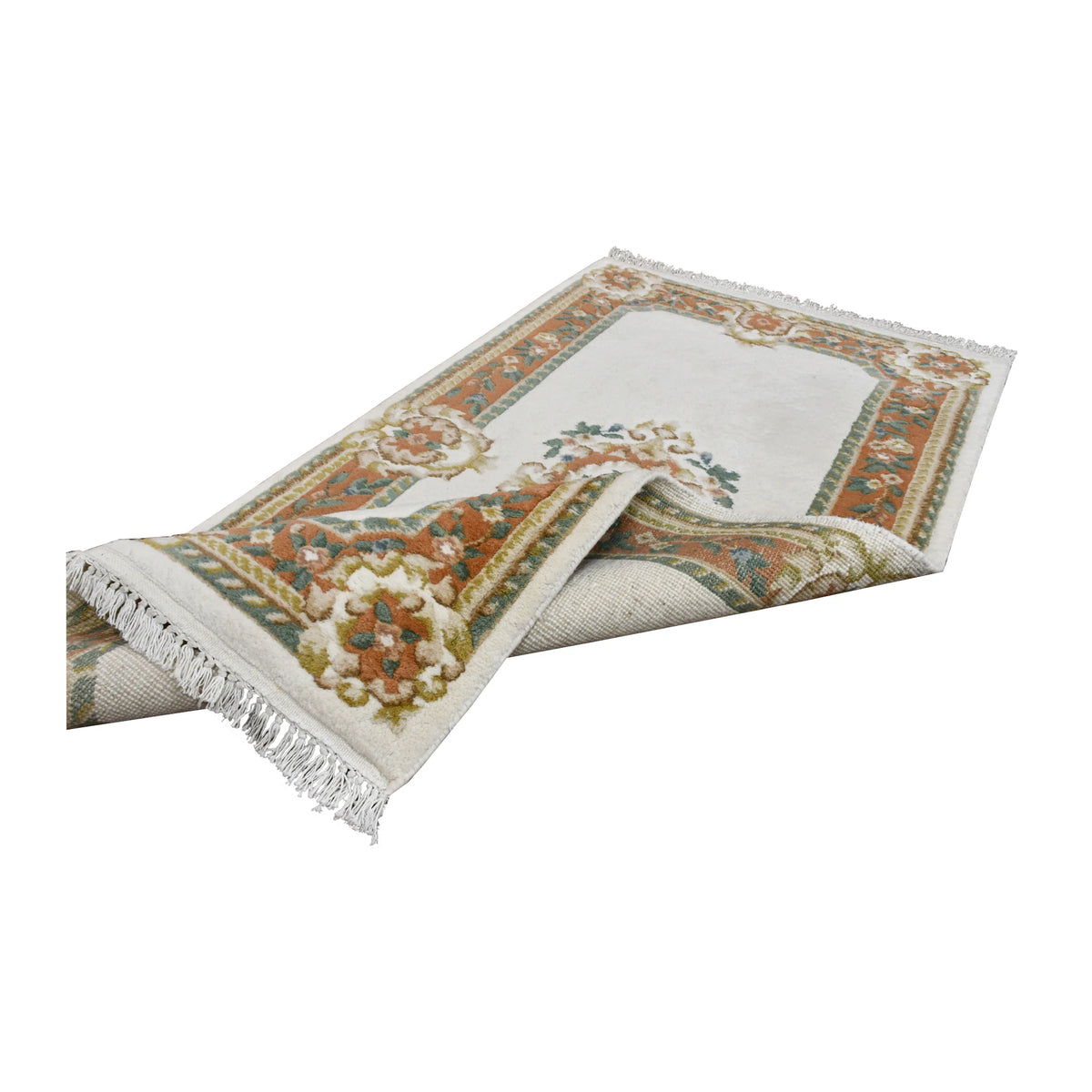 Folded view of Aubusson hand-knotted wool rug showing its floral pile, ivory field, border and fringe