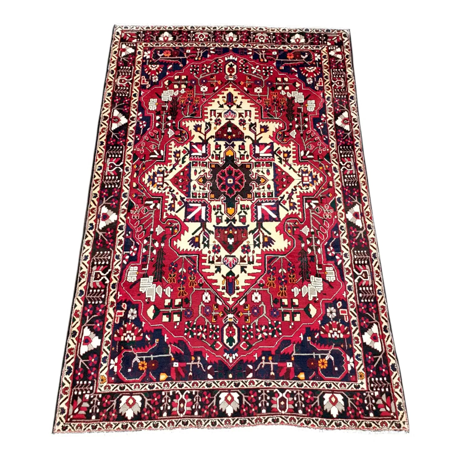 Bakhtiari rug 315 x 205 cm angled view multi panel geometric pattern
