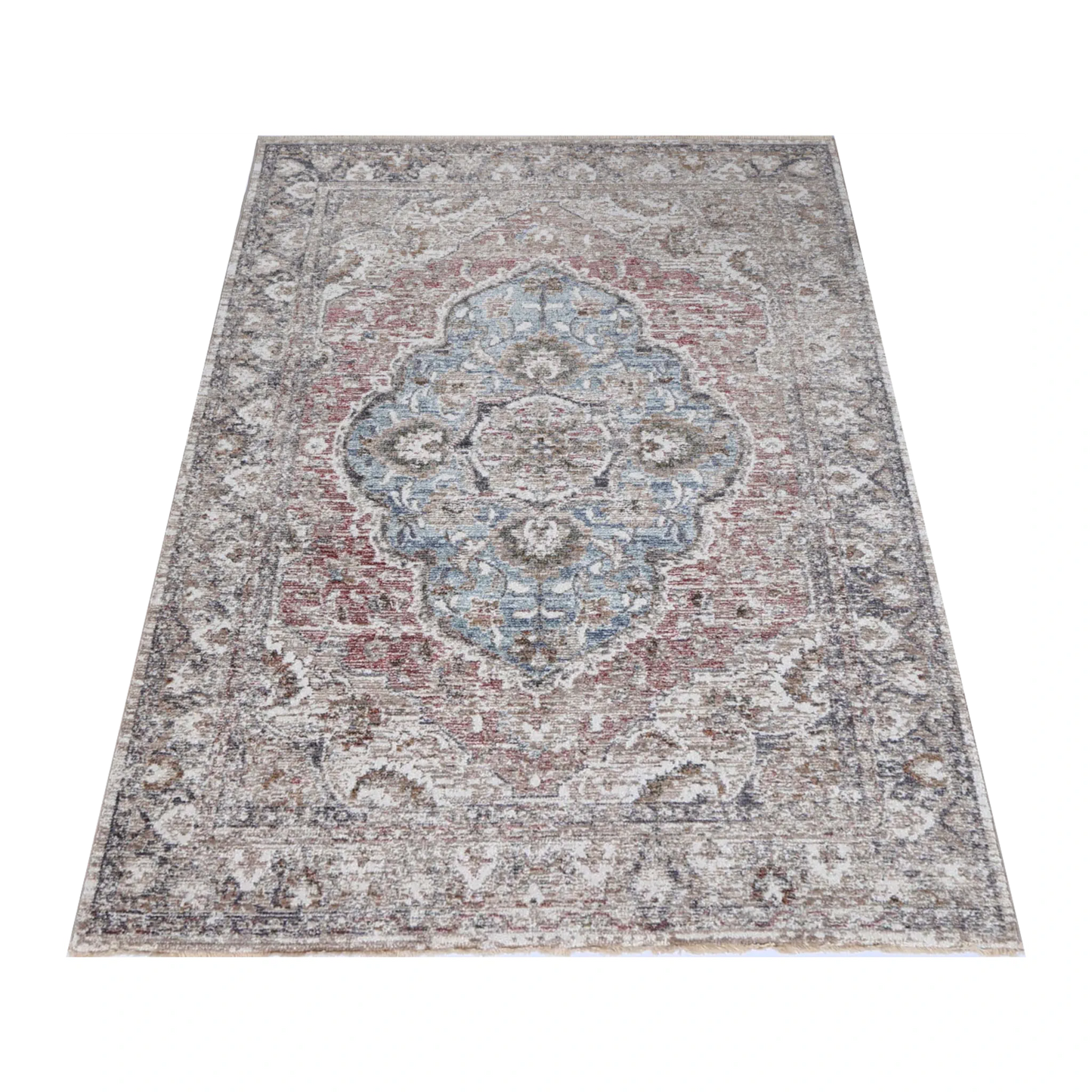 Angled full view of Baltimore Arlington rose transitional rug showing centre medallion pattern
