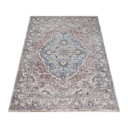 Angled full view of Baltimore Arlington rose transitional rug showing centre medallion pattern