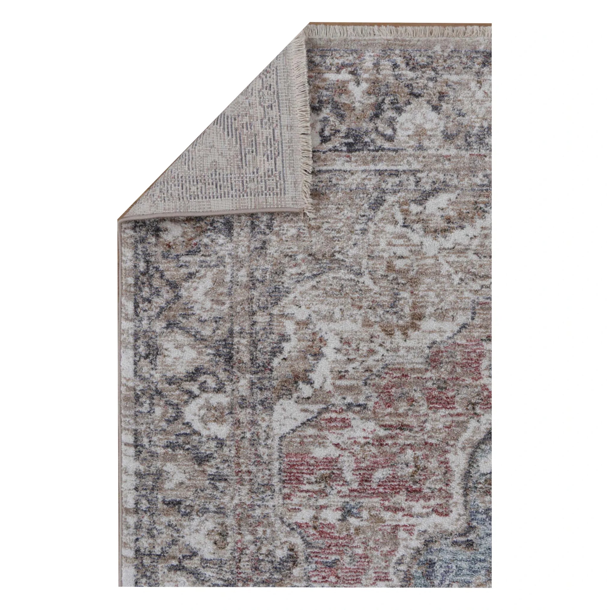 Folded corner detail of Baltimore Arlington rose rug showing surface pattern and backing texture