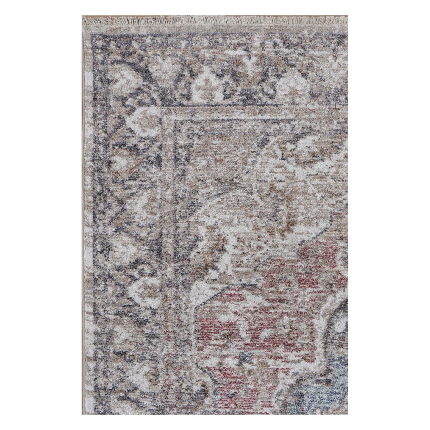 Pattern detail of Baltimore Arlington transitional rose rug with grey, ivory and muted blue accents
