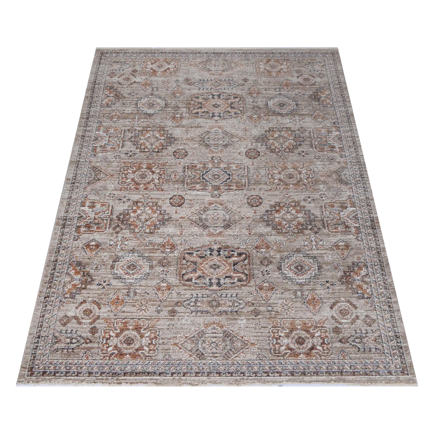 Angled full view of Baltimore Upton vintage inspired rug showing soft grey and rose pattern