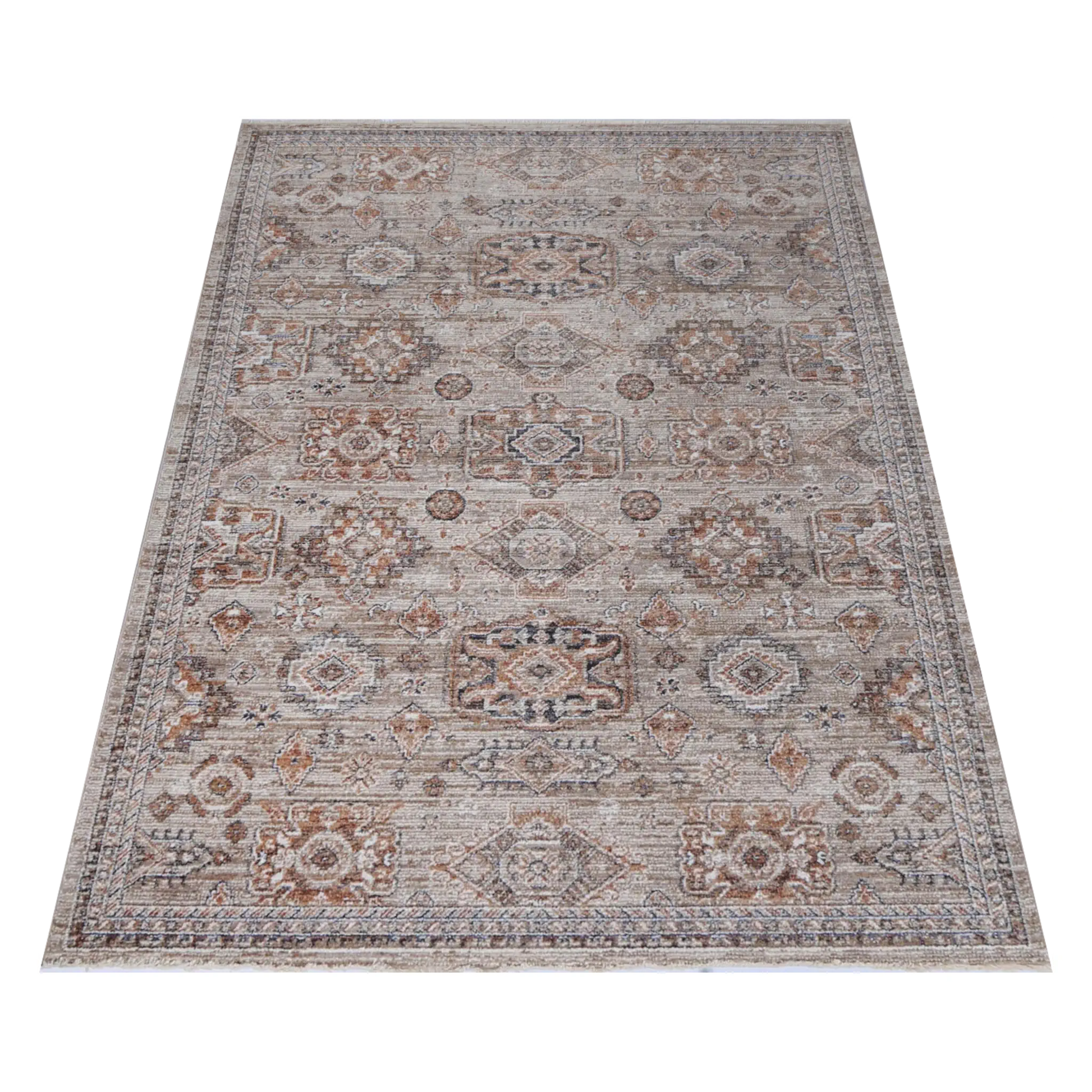 Angled full view of Baltimore Upton vintage inspired rug showing soft grey and rose pattern