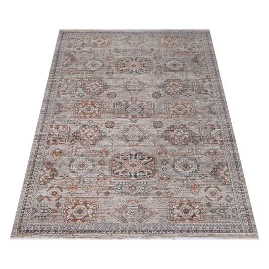Angled full view of Baltimore Upton vintage inspired rug showing soft grey and rose pattern