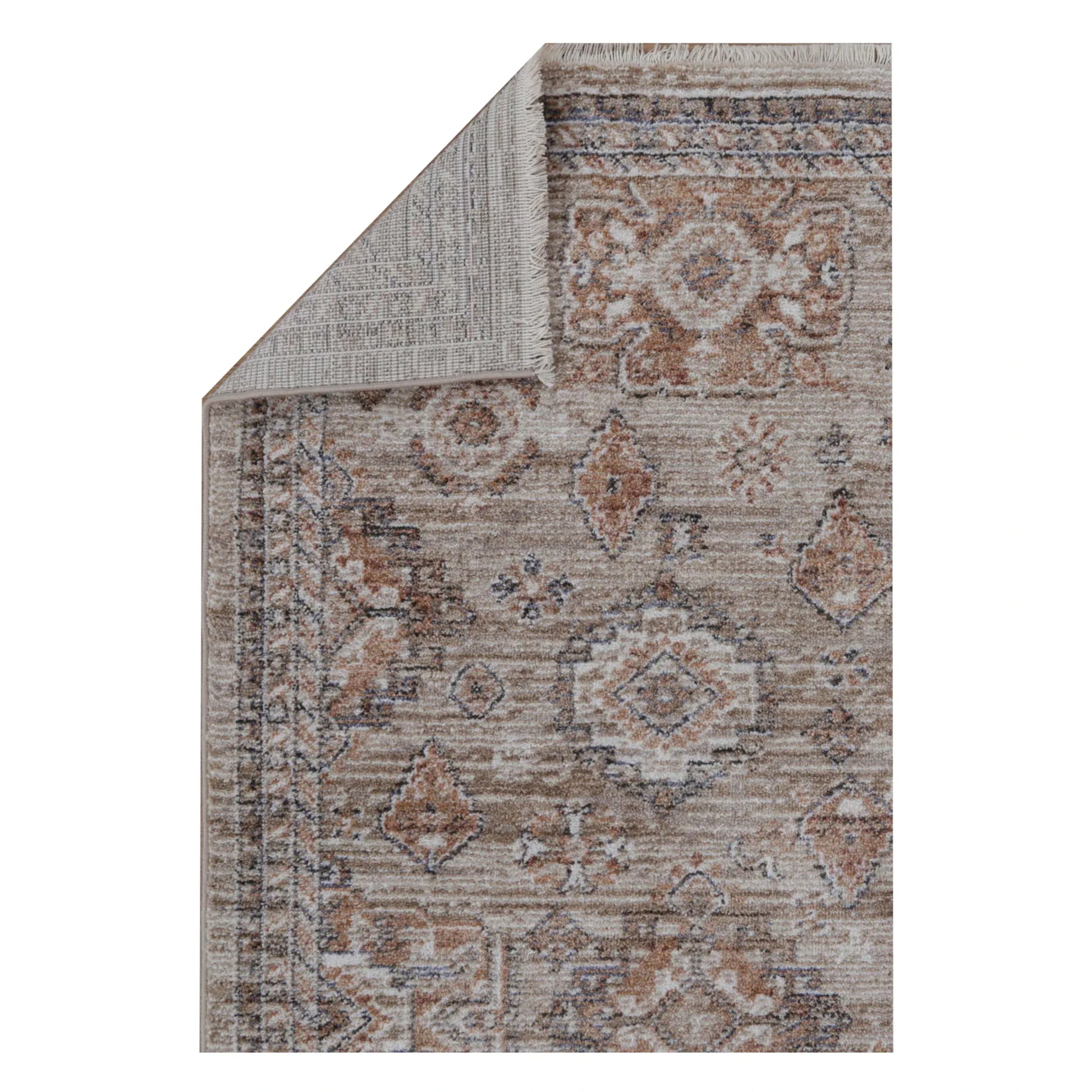 Folded corner detail of Baltimore Upton vintage inspired rug showing surface and backing texture