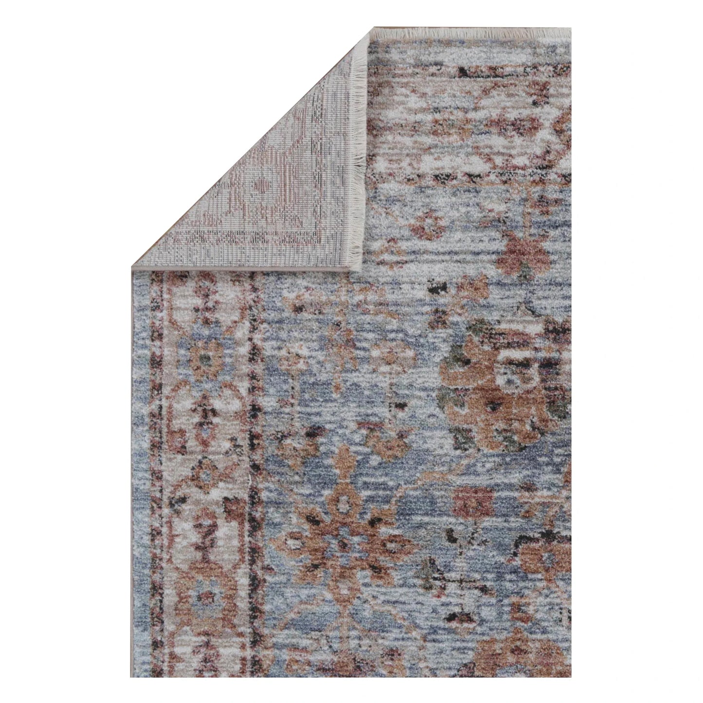 Folded corner detail of Baltimore Virginia ash rug showing surface pattern and backing texture