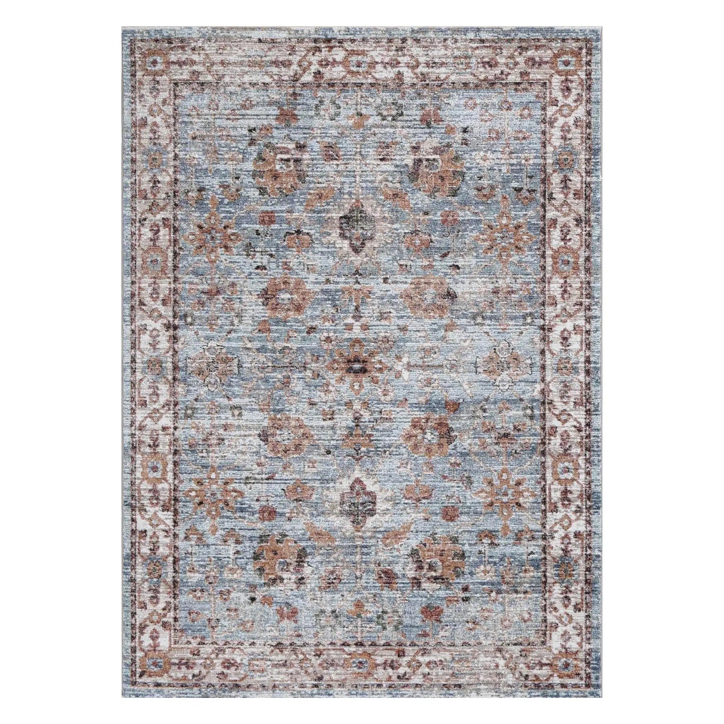 Full view of Baltimore Virginia medallion transitional ash rug with faded blue and rust accents