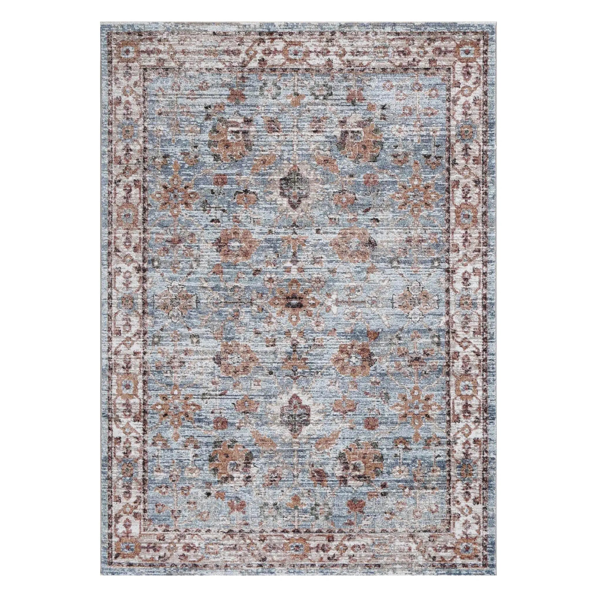 Full view of Baltimore Virginia medallion transitional ash rug with faded blue and rust accents