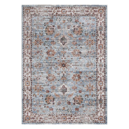 Full view of Baltimore Virginia medallion transitional ash rug with faded blue and rust accents
