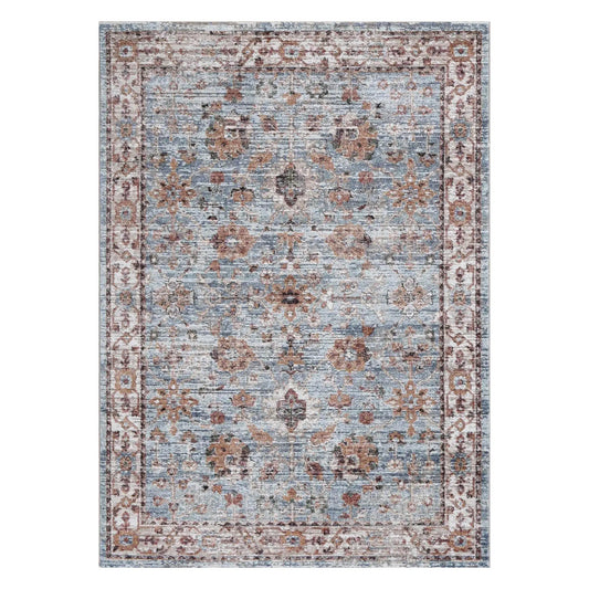 Full view of Baltimore Virginia medallion transitional ash rug with faded blue and rust accents