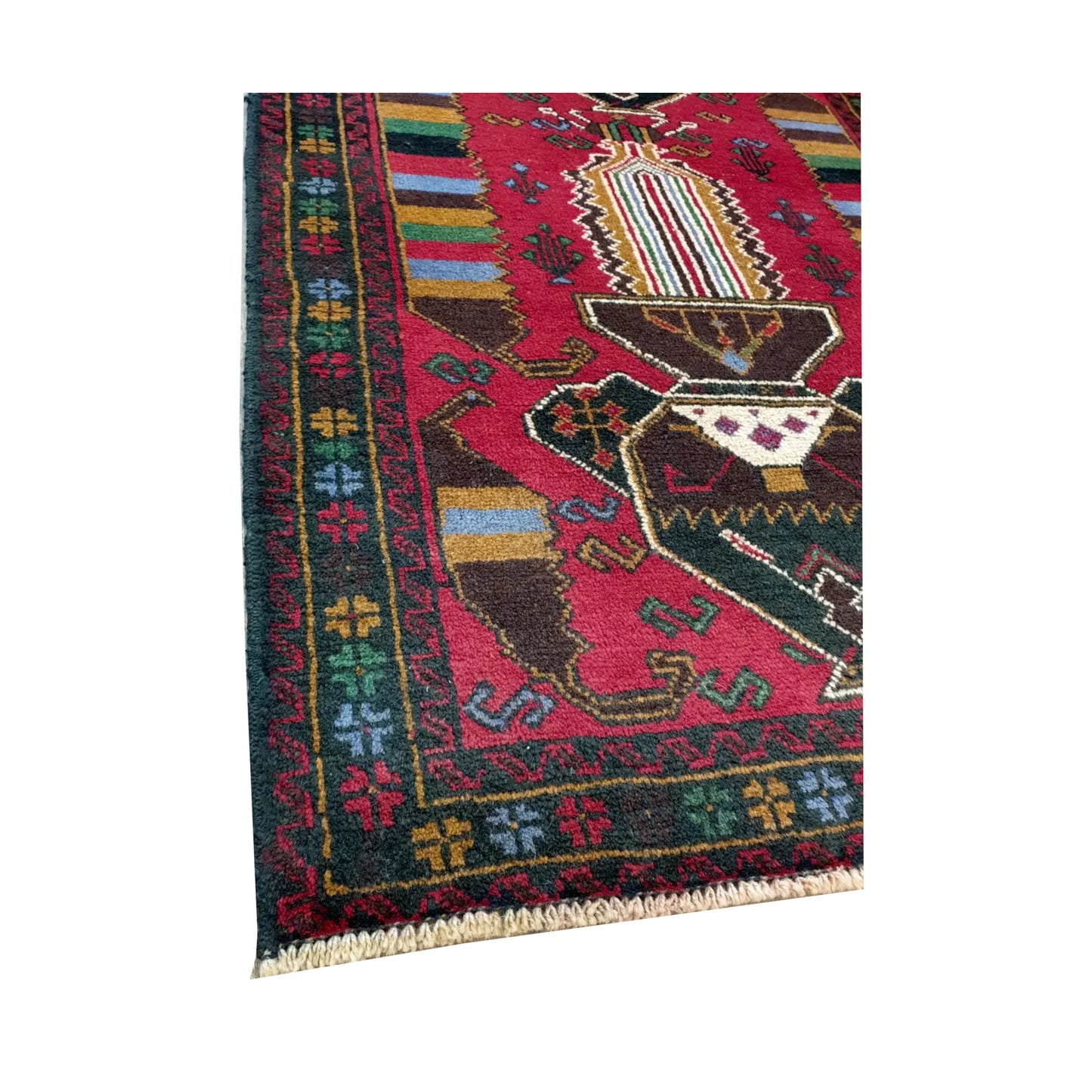 Baluchi fine hand-knotted wool rug border corner detail