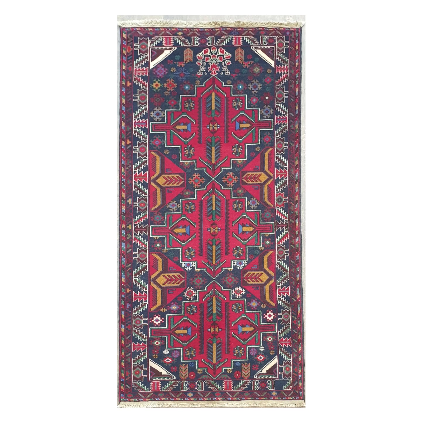 Full view of Baluchi hand-knotted runner rug with bold tribal geometric pattern, 200 x 83 cm