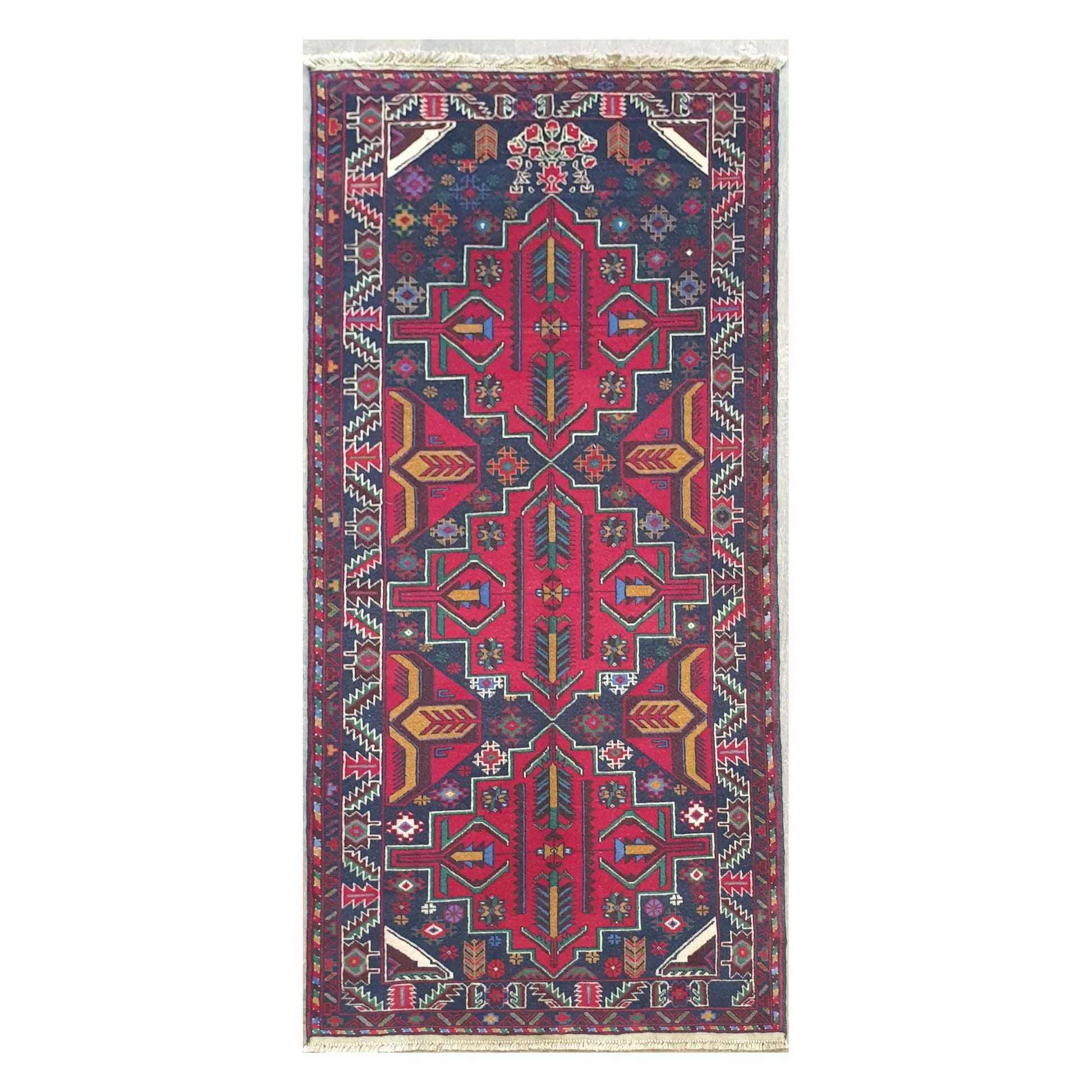 Full view of Baluchi hand-knotted runner rug with bold tribal geometric pattern, 200 x 83 cm