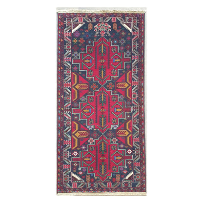 Full view of Baluchi hand-knotted runner rug with bold tribal geometric pattern, 200 x 83 cm
