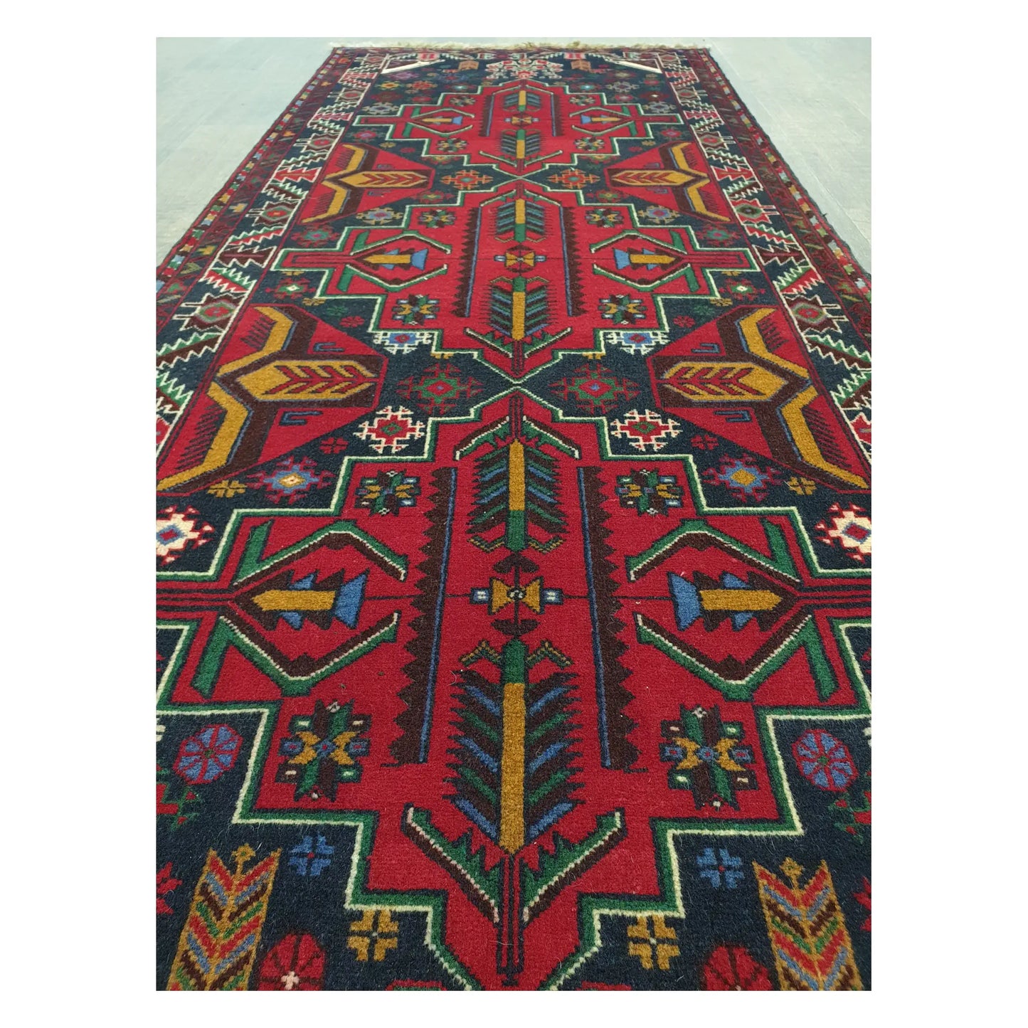 Close-up of Baluchi runner with red, navy, rust, and teal tribal geometric motifs, 200 x 83 cm