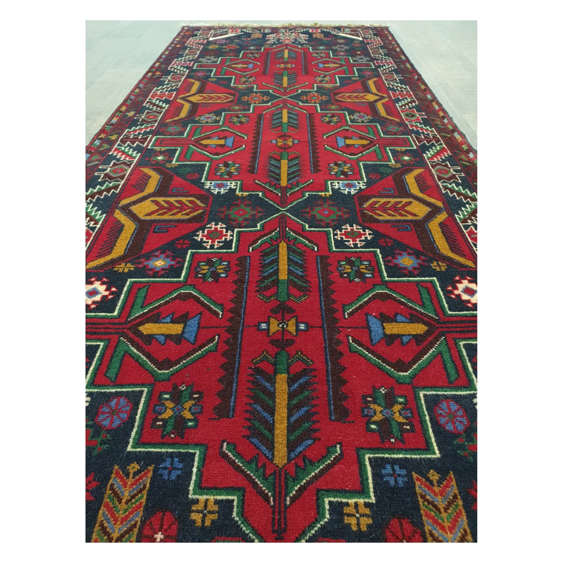 Close-up of Baluchi runner with red, navy, rust, and teal tribal geometric motifs, 200 x 83 cm