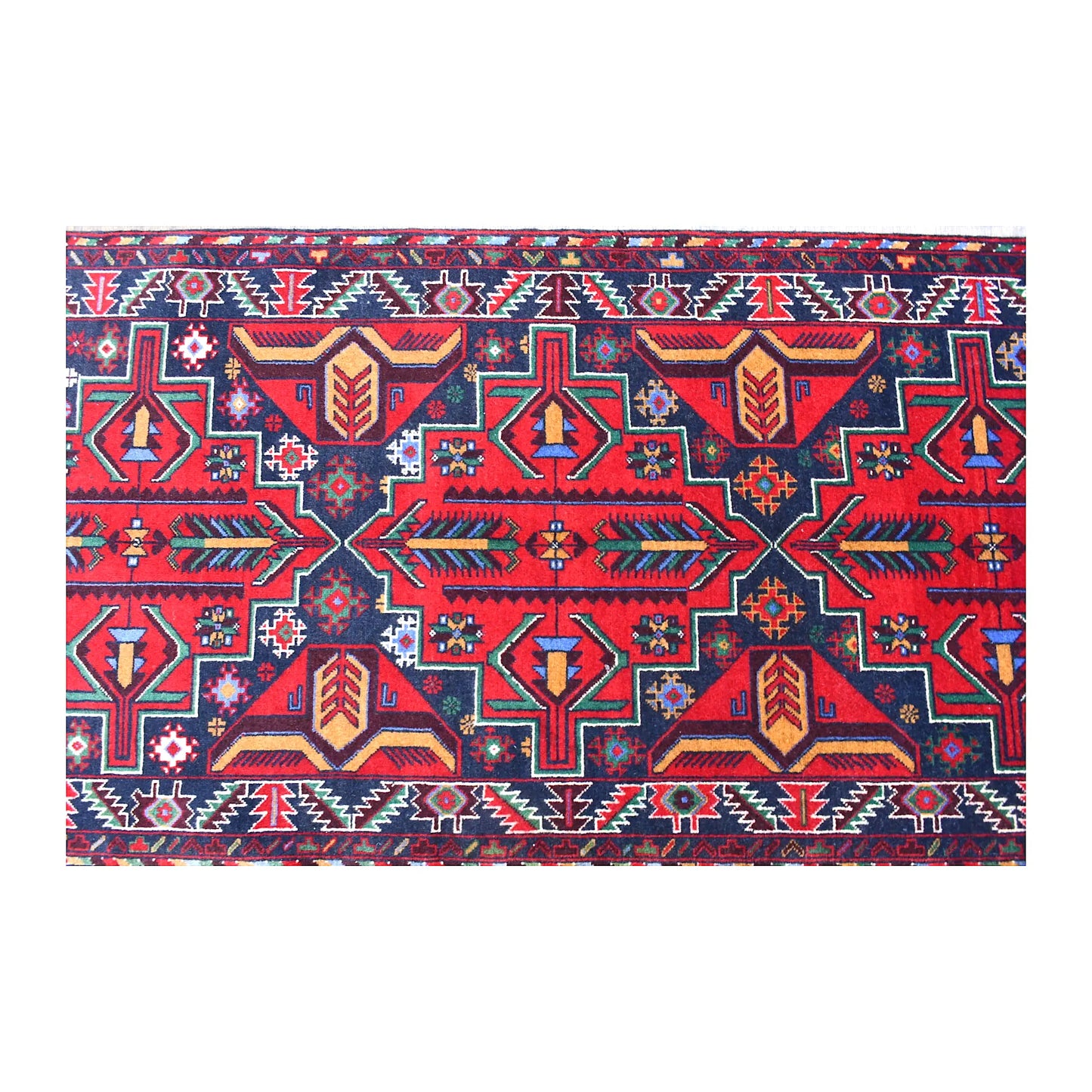 Close-up of Baluchi runner showing red, navy, teal and ivory tribal geometry across the field and borders