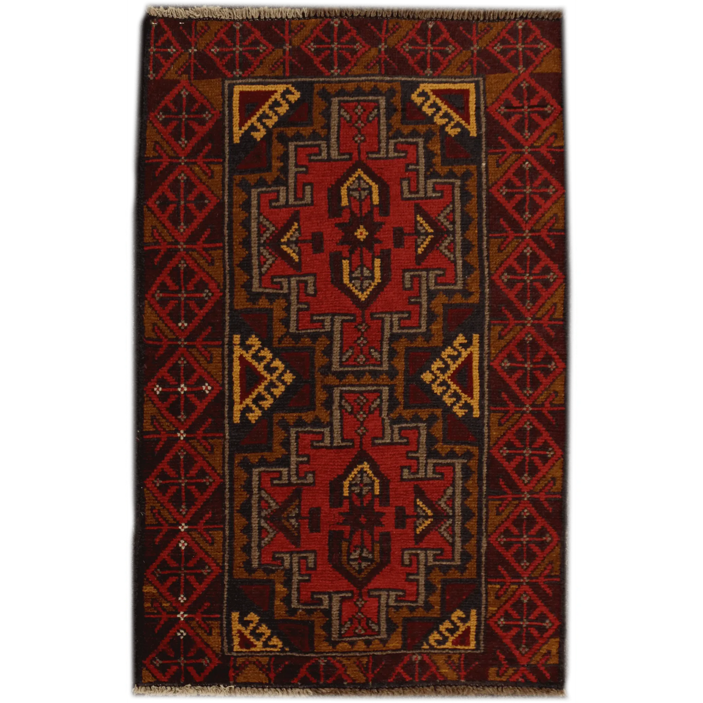 Baluchi hand-knotted wool rug in maroon 136 x 84 cm full view