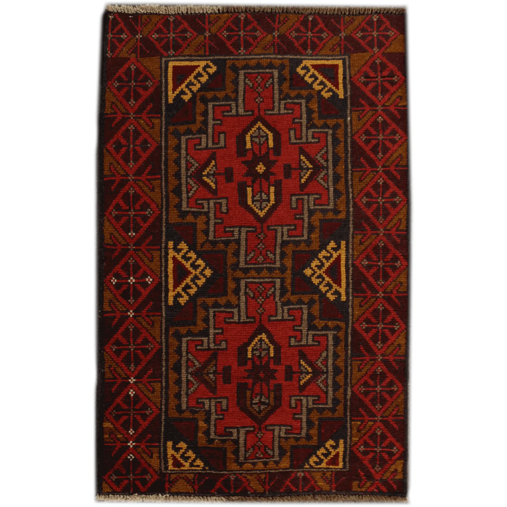 Baluchi hand-knotted wool rug in maroon 136 x 84 cm full view