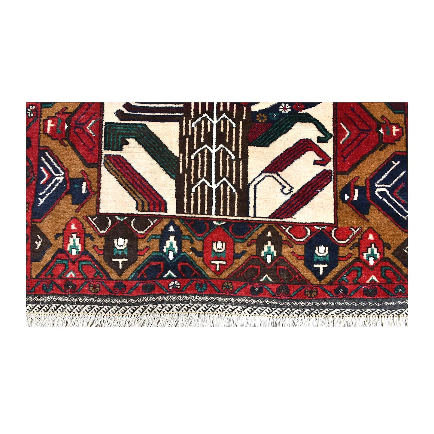 Fringe and end-border detail of Baluchi rug with rows of colourful tribal geometric motifs