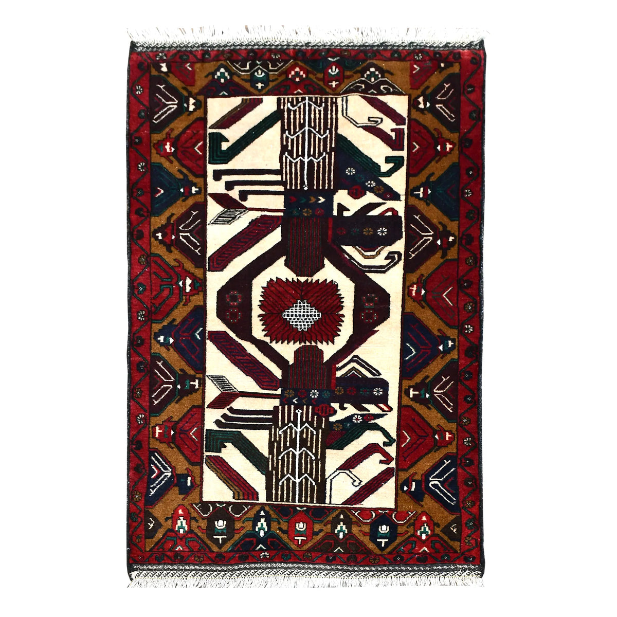 Full view of Baluchi hand-knotted wool rug with a beige field, deep red borders and figurative motifs, 184 x 113 cm