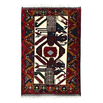 Full view of Baluchi hand-knotted wool rug with a beige field, deep red borders and figurative motifs, 184 x 113 cm