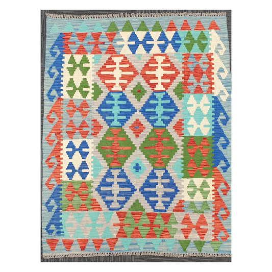 Full view of Afghan Chobi Kilim rug with blue diamond lattice on an ivory ground, 144 x 105 cm