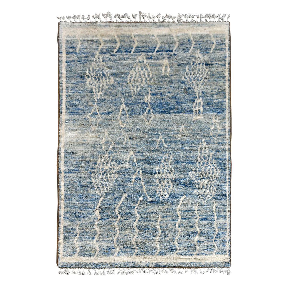 Full view of blue Moroccan hand-knotted wool rug with raised ivory abstract motifs, 240 x 156 cm