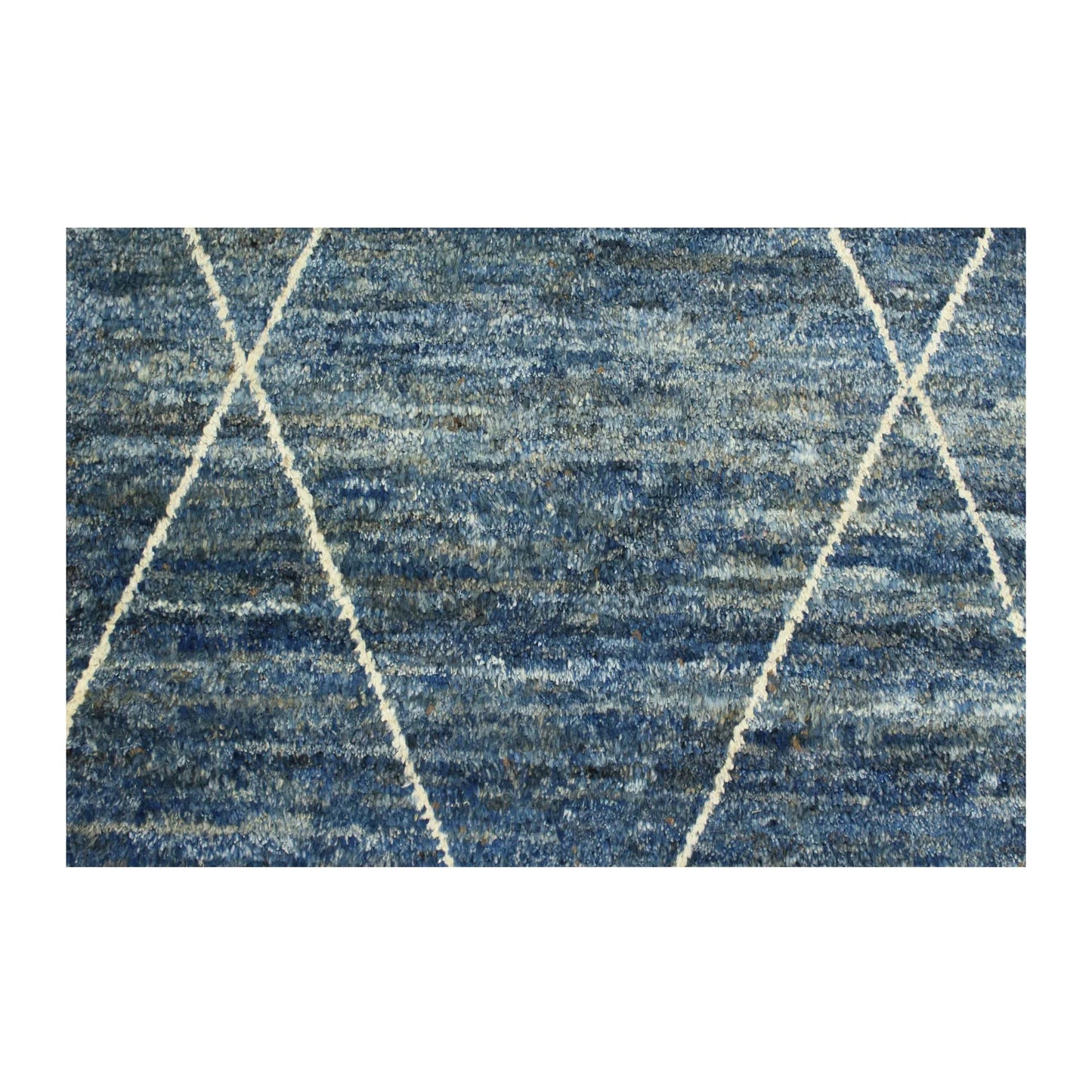 Diamond pattern detail of Moroccan wool rug with layered blue tones and ivory lines, 180 x 140 cm