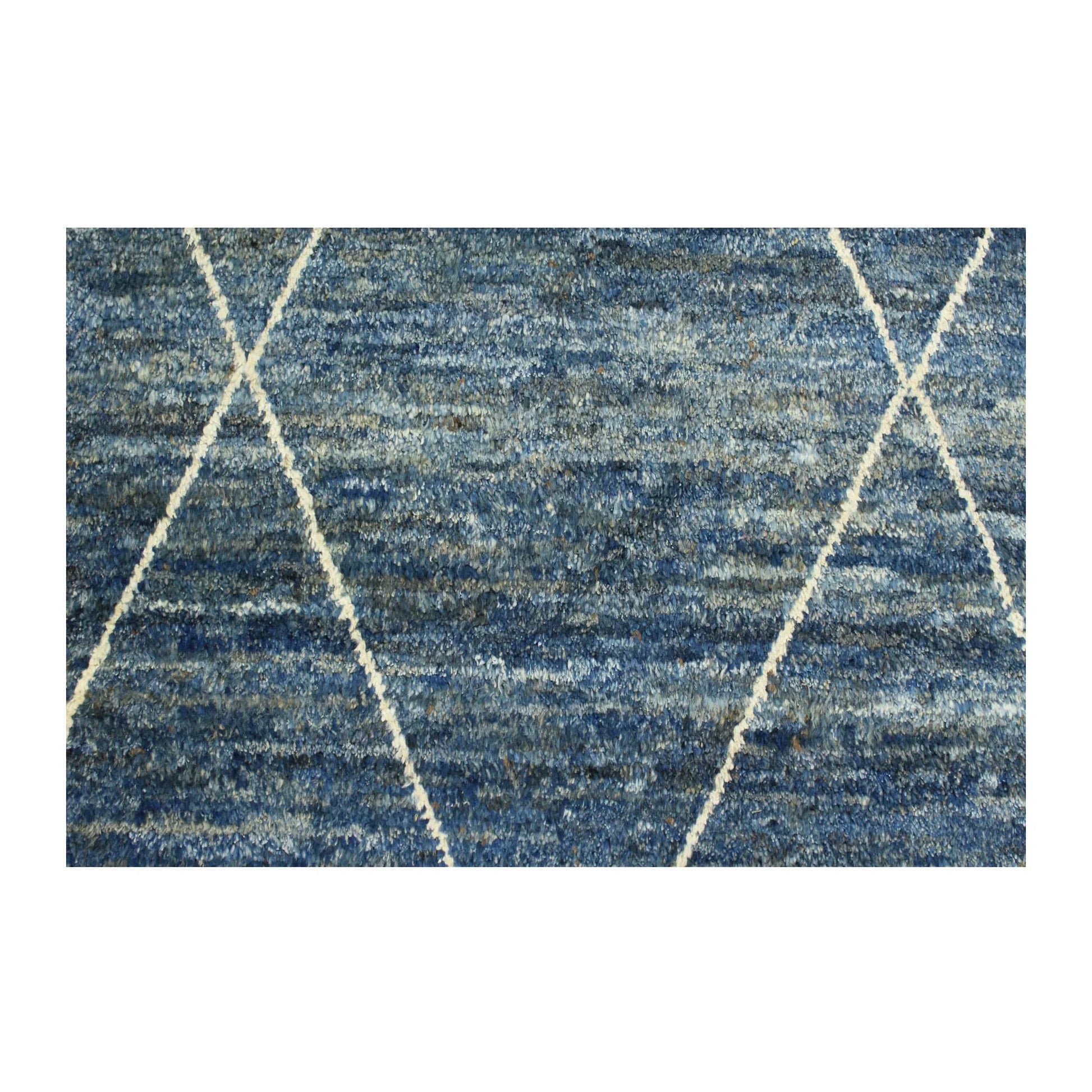 Diamond pattern detail of Moroccan wool rug with layered blue tones and ivory lines, 180 x 140 cm