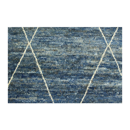Diamond pattern detail of Moroccan wool rug with layered blue tones and ivory lines, 180 x 140 cm