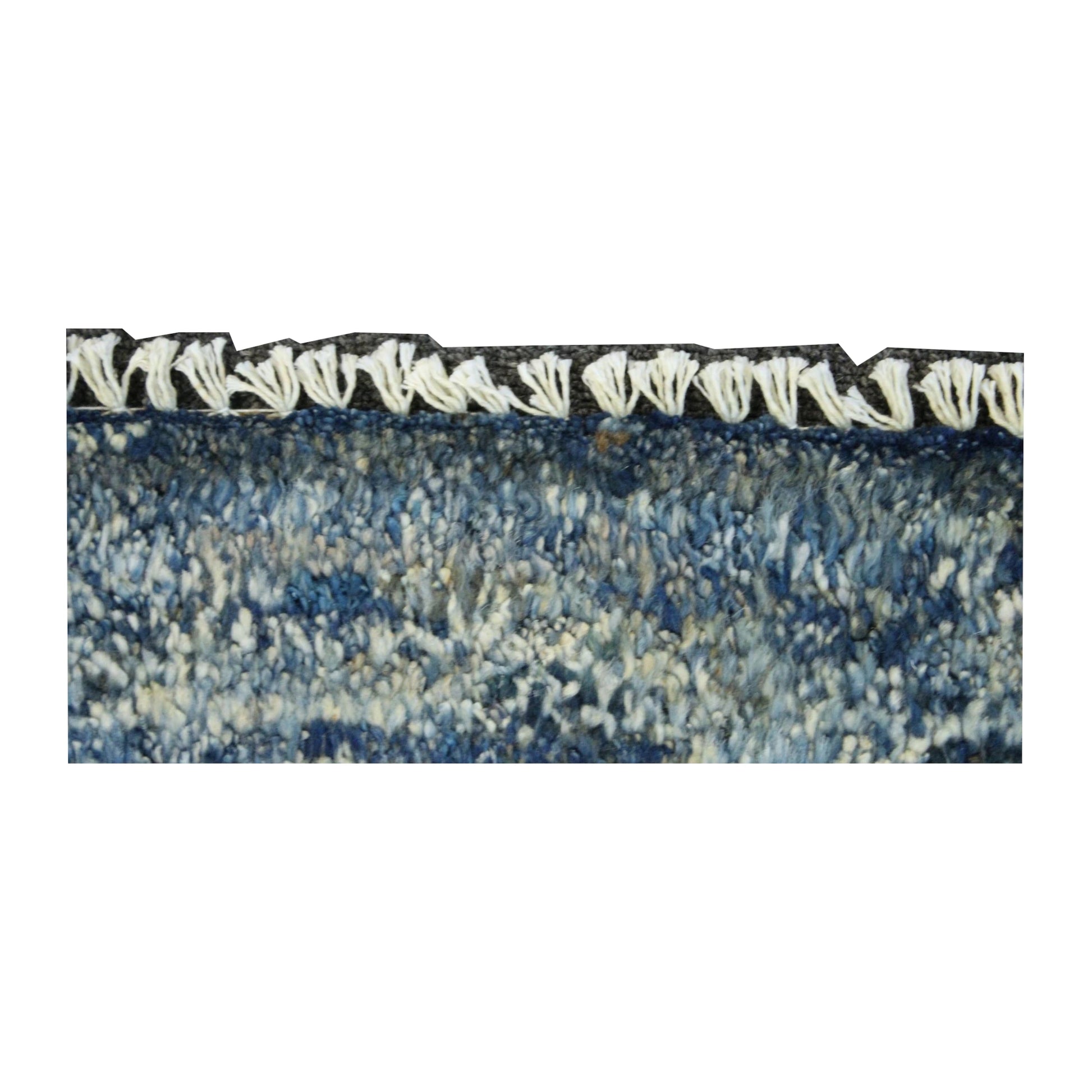 Edge and fringe detail of blue Moroccan wool rug, 180 x 140 cm