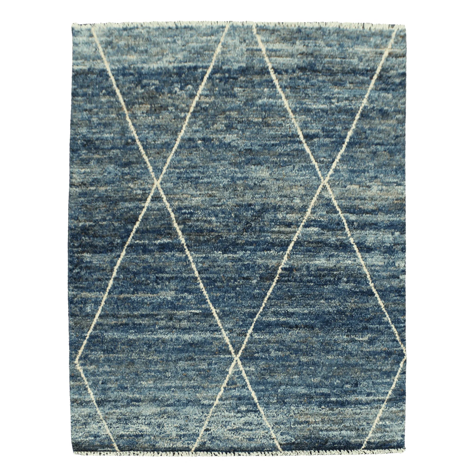 Full view of blue Moroccan hand-knotted wool rug with ivory diamond lattice, 180 x 140 cm