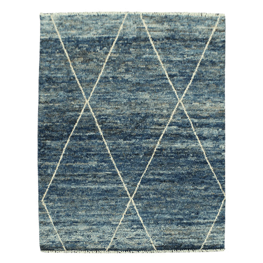 Full view of blue Moroccan hand-knotted wool rug with ivory diamond lattice, 180 x 140 cm