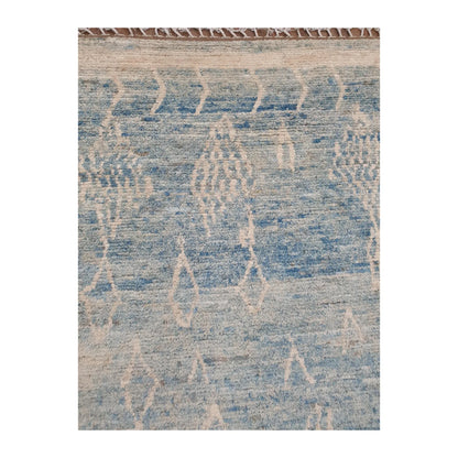 Motif detail of Moroccan wool rug with blue field and ivory pattern, 240 x 156 cm