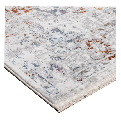 Corner texture detail of Bohemian Paradise grey multi rug showing soft vintage-style pattern