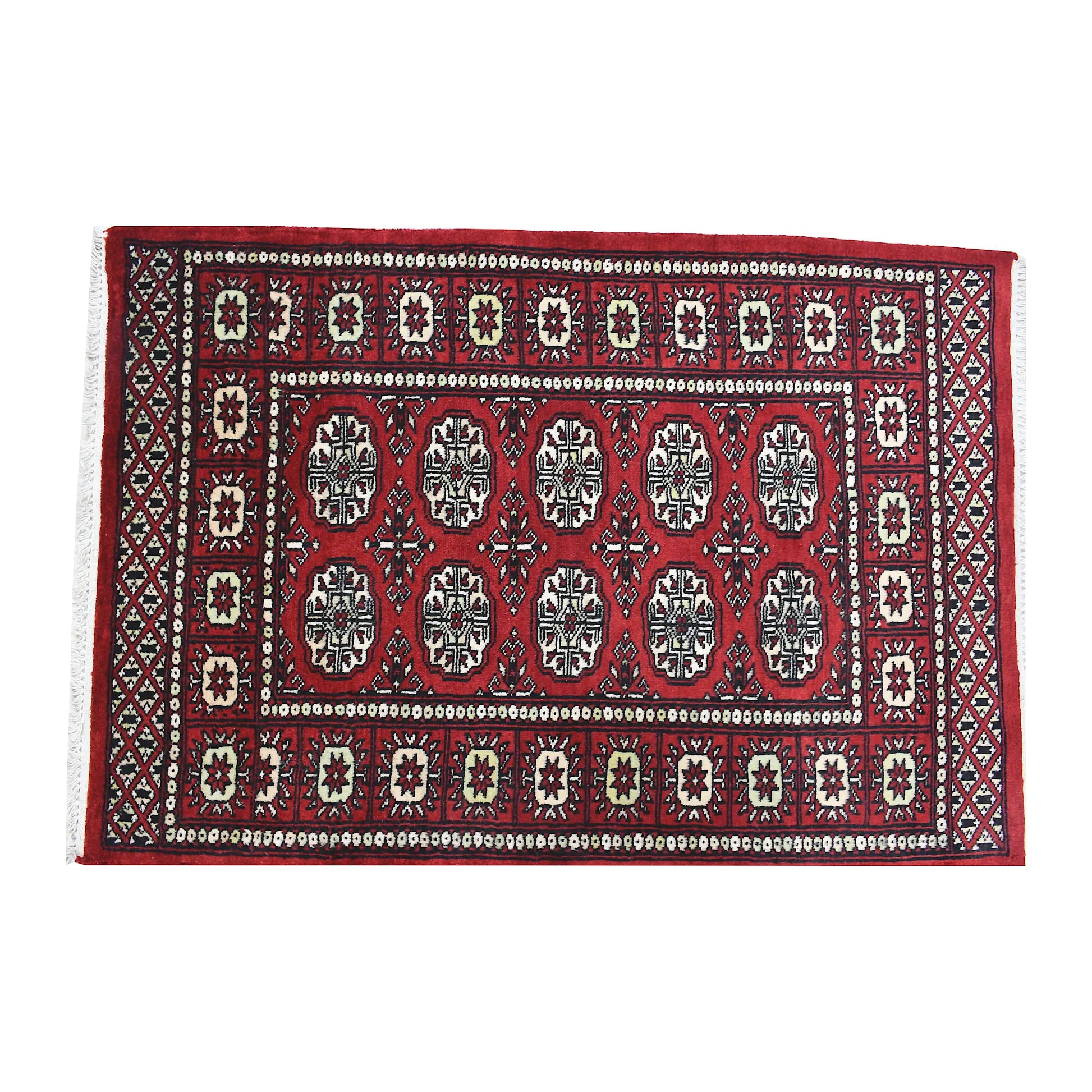 Full design detail of Bokhara wool rug showing repeated oval gul-style motifs, red field and geometric border