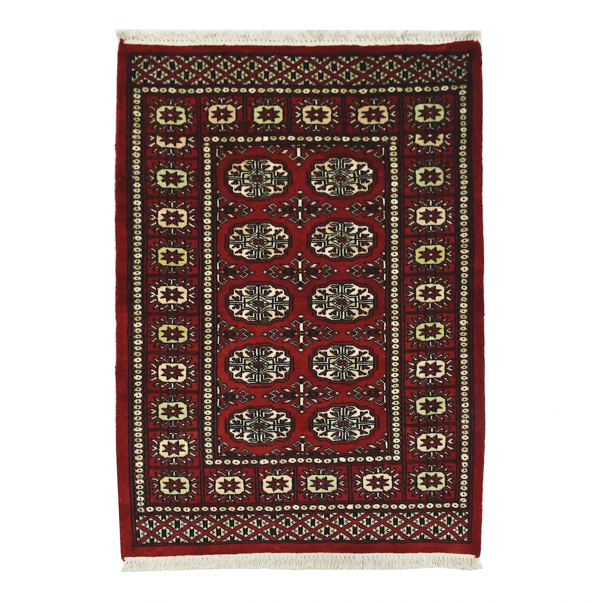 Full view of Bokhara hand-knotted wool rug with red field and repeated oval gul-style motifs, 115 x 82 cm