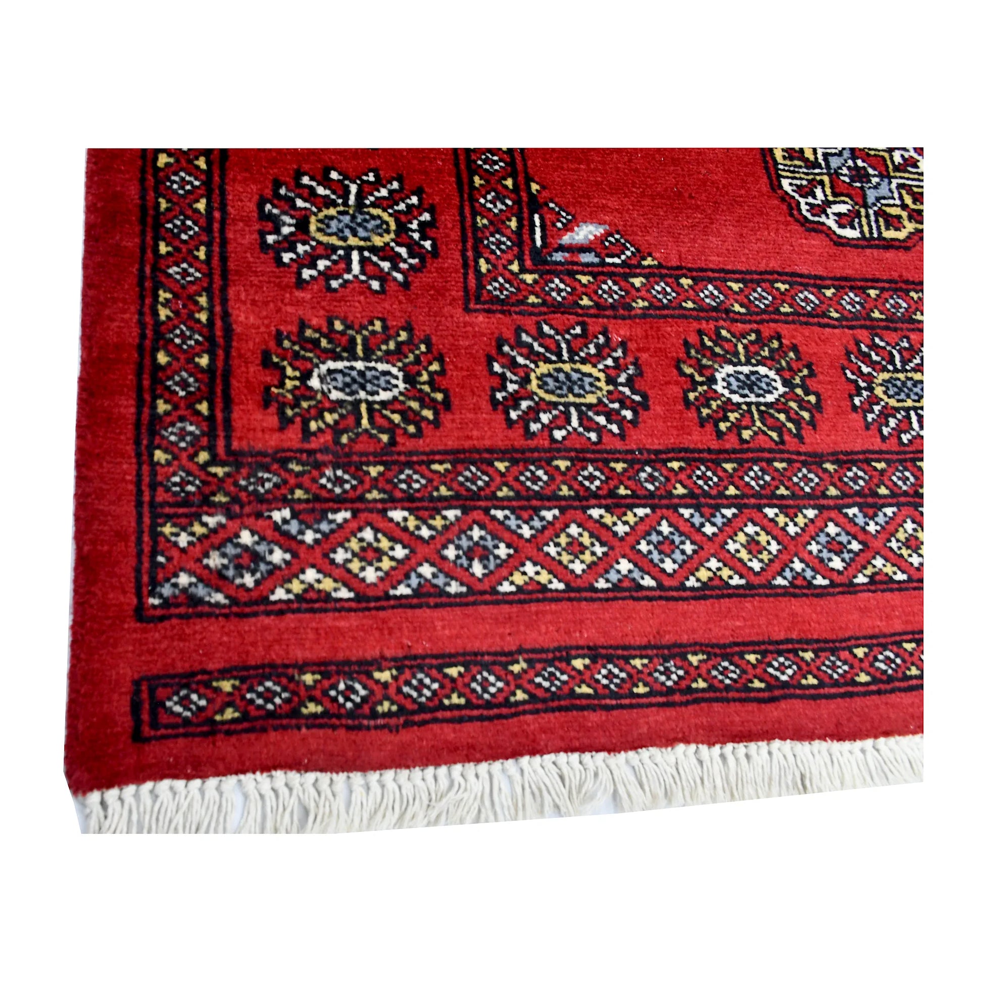 Corner border and fringe detail of Bokhara hand-knotted wool rug showing red field, patterned border and light fringe