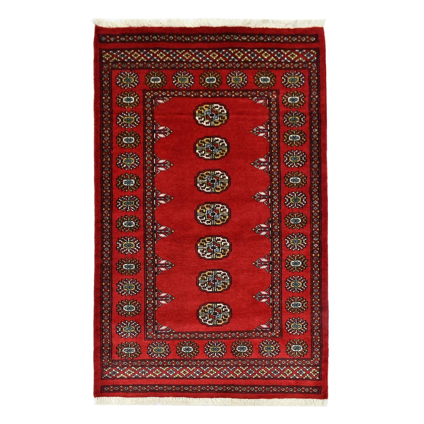 Full view of Bokhara hand-knotted wool rug with red field and repeated oval gul-style motifs, 158 x 93 cm