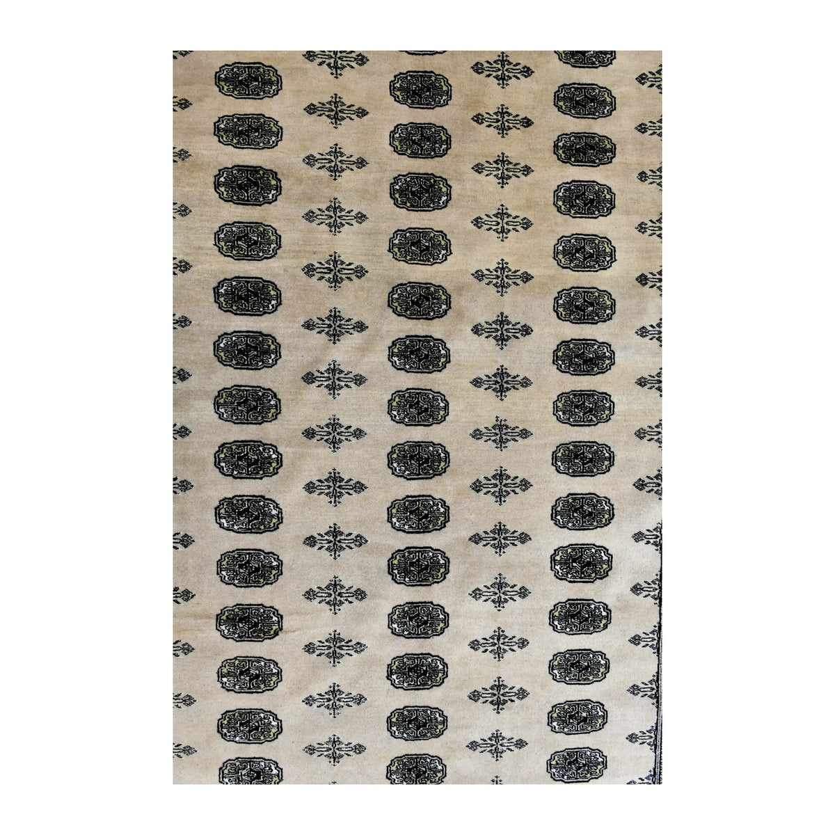 Field detail of Bokhara wool rug showing aligned oval guls separated by smaller cross-shaped motifs on warm ivory