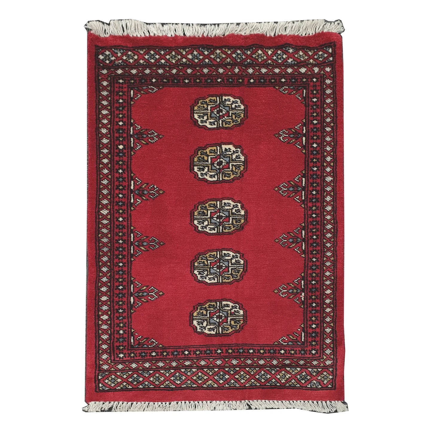 Full view of Bokhara hand-knotted wool rug with rich red field, oval gul-style motifs and geometric border, 98 x 61 cm