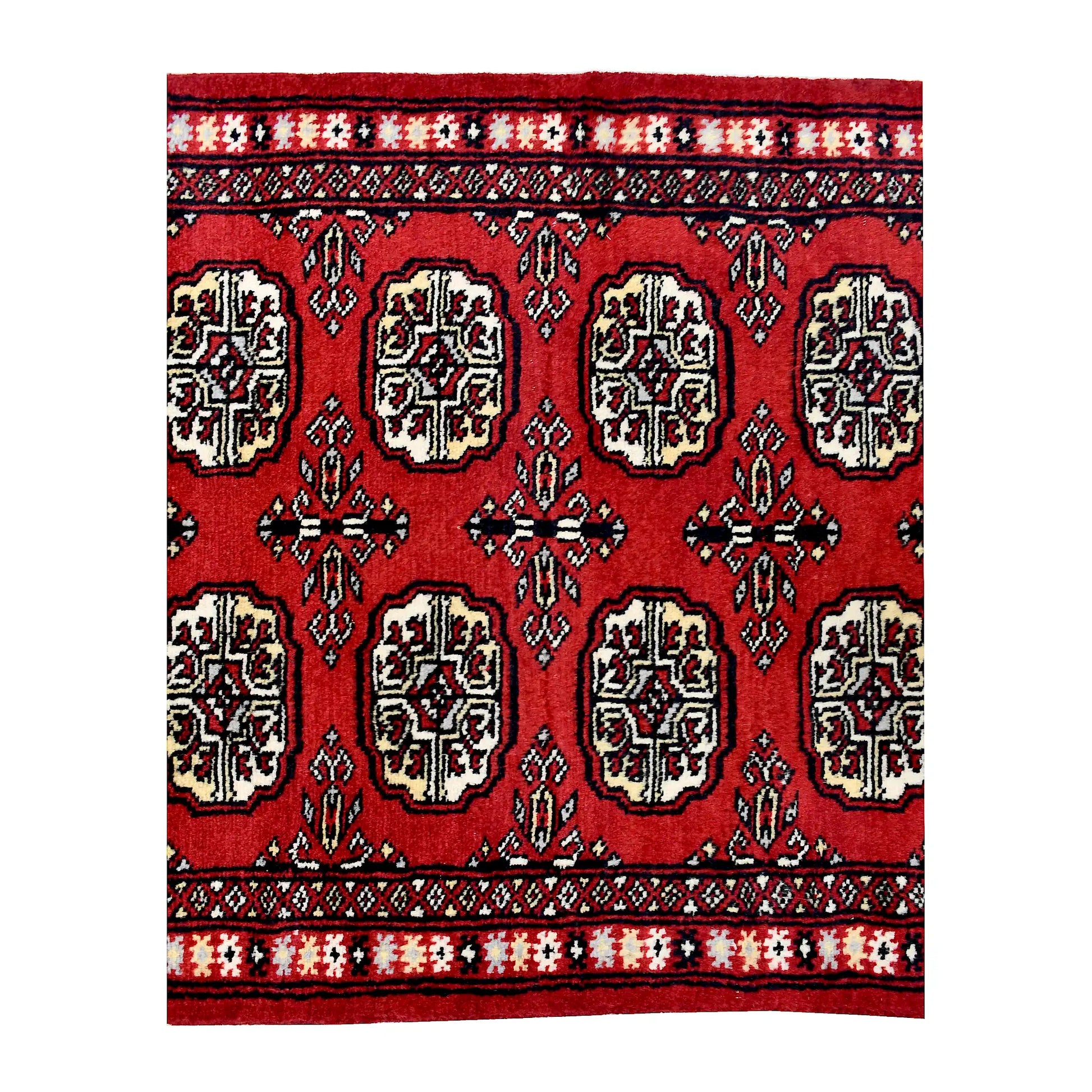 End field and border detail of Bokhara hand-knotted wool runner rug showing red pile, black outlines and ivory accents