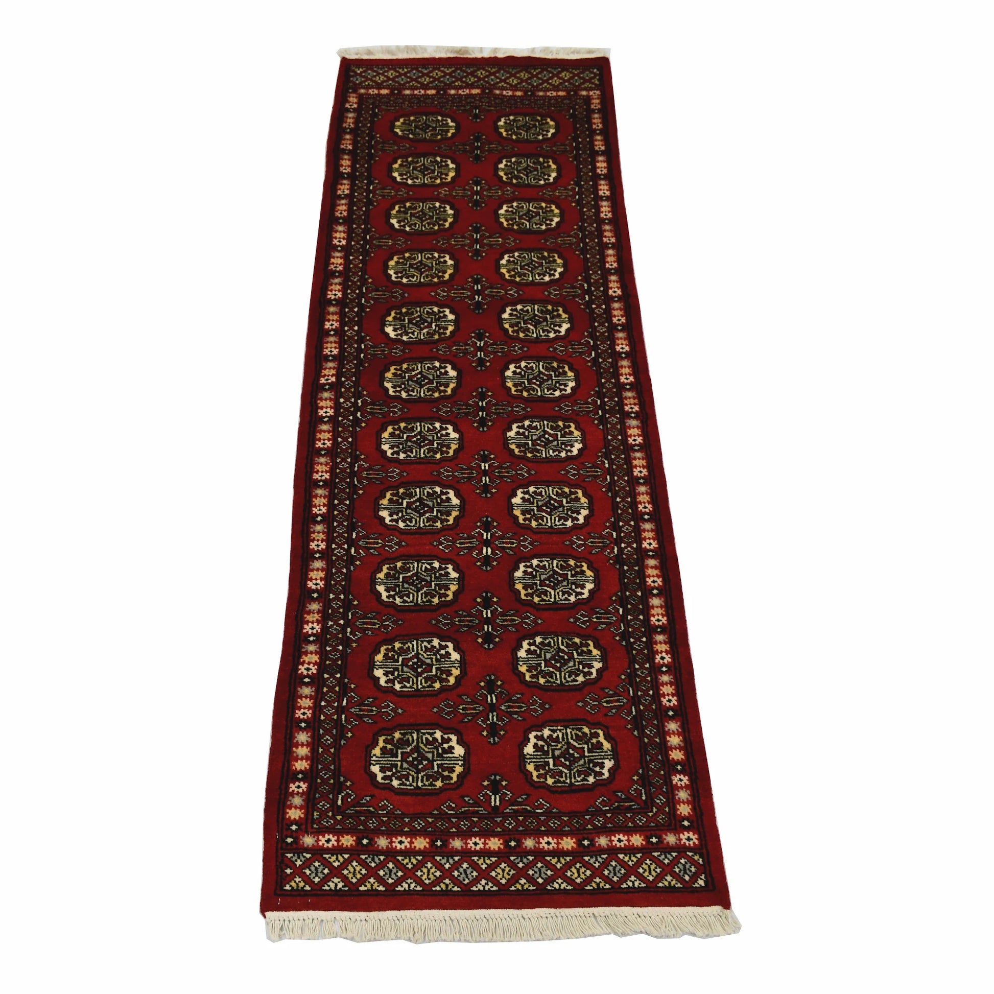 Full view of Bokhara hand-knotted wool runner rug with red field and repeated oval gul-style motifs, 191 x 63 cm
