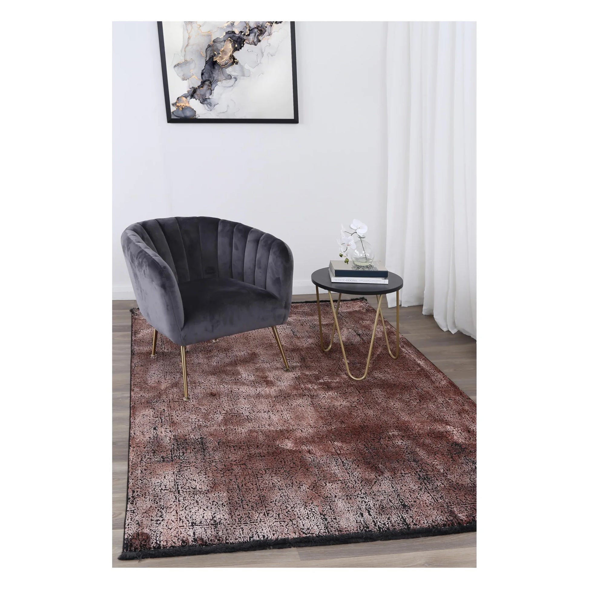 Brooklyn 100 copper mosaic modern rug styled with charcoal chair and side table