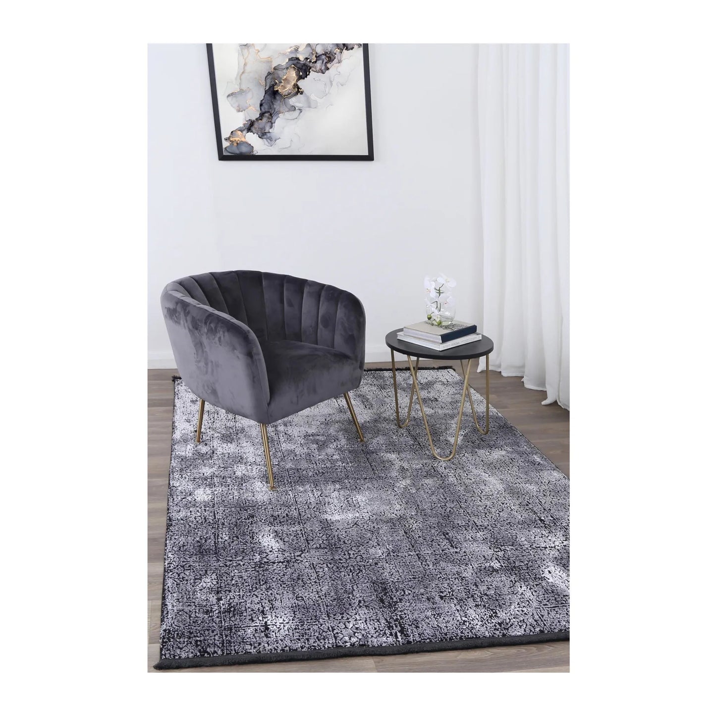Brooklyn 100 silver mosaic modern rug styled with charcoal chair and side table